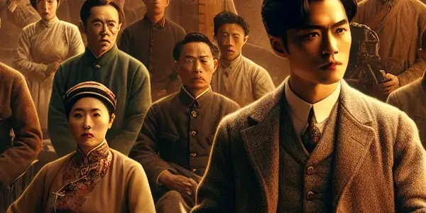 A group of 1930s Chinese intellectuals strategizing in a dim room, embodying patriotism during the Second Sino-Japanese War.