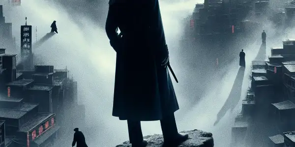 A cinematic poster featuring a shadowy figure on a cliff, symbolizing Yu Hewei's film career and espionage themes.