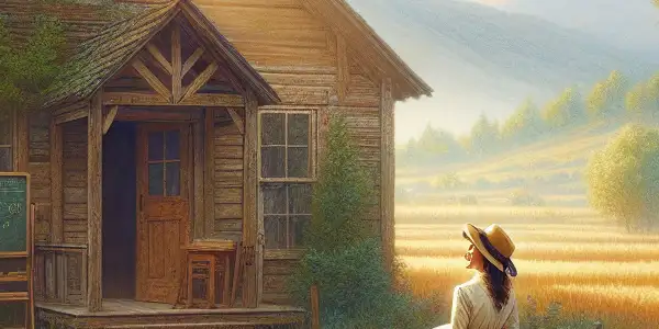 A dedicated female teacher stands outside a rustic schoolhouse, surrounded by eager children in a lush rural setting.