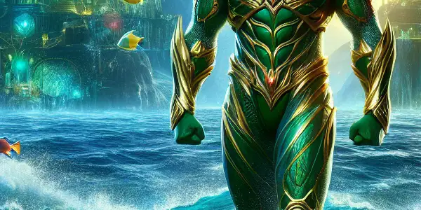 Aquaman stands on a rocky shore, adorned in emerald armor, with Atlantis and Black Manta lurking in the ocean.
