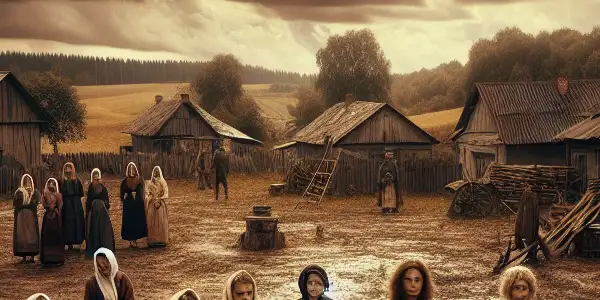 A group of resilient women in traditional clothing stands in a dilapidated village square, evoking strength and sorrow.