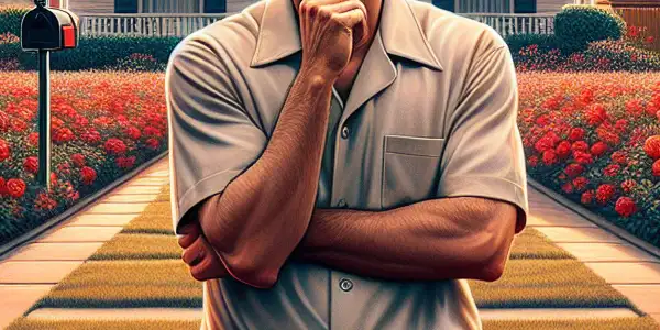 A middle-aged man stands contemplatively among vibrant roses in a desolate suburban setting, reflecting beauty and emptiness.