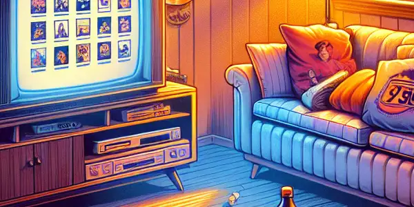 A nostalgic living room filled with 90s movie memorabilia, featuring a vintage TV and cozy decor.