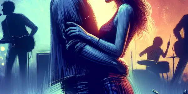 A passionate embrace between young lovers amidst a vibrant London rock concert, illuminated by colorful stage lights.