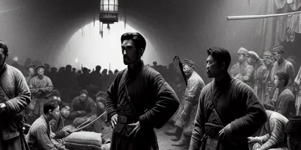 Villagers in traditional attire strategizing in a dim underground tunnel against enemy soldiers, embodying courage and unity.