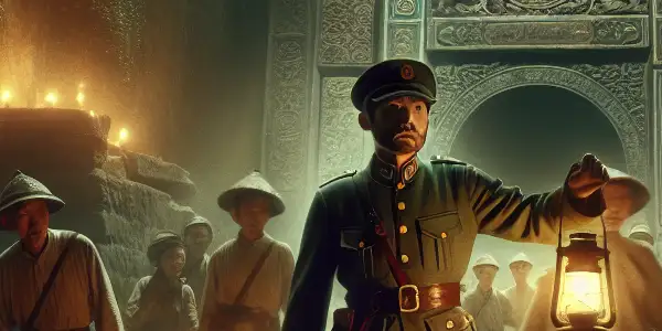 A tense grave robbery scene featuring warlord Sun Dianying and followers at an ancient tomb entrance during the Republic of China era.